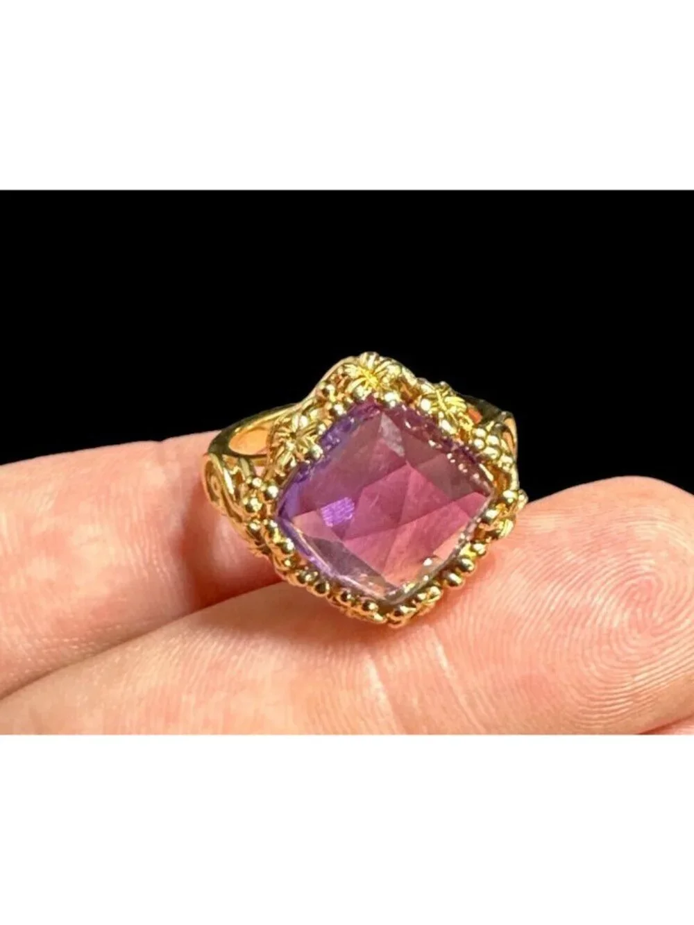 Michelle Albala Sterling Silver and Square Cut Amethyst Ring Floral Scrollwork